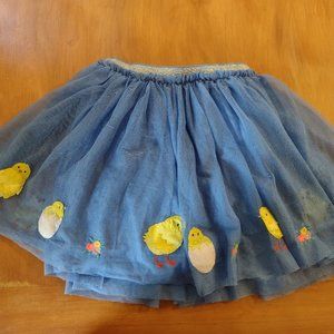 Tulle style, blue twirl skirt with chick appliques and flower embroidery
